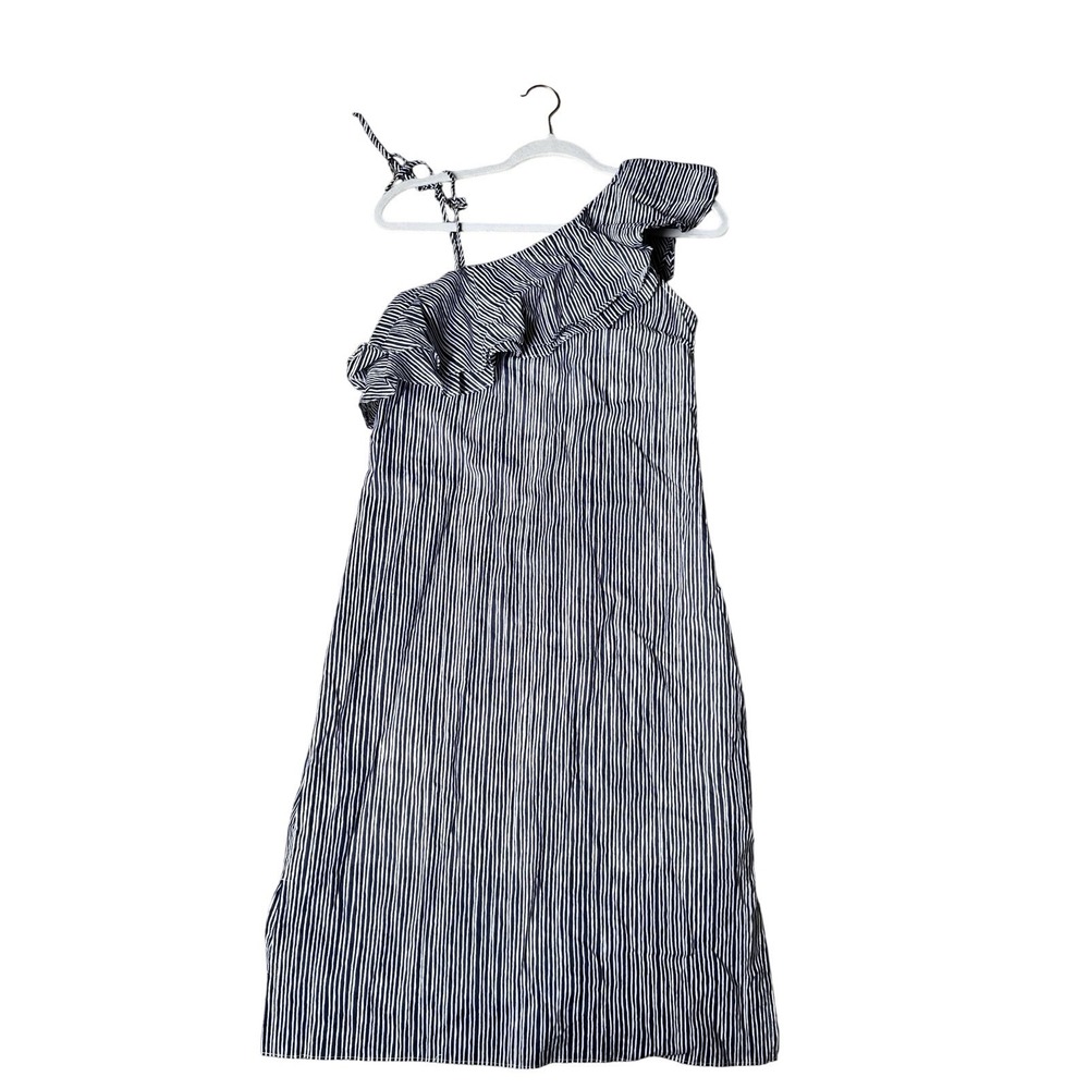 Womens one shoulder Striped Ruffle Blue White Knee Length Cotton Dress Halston S